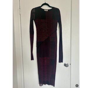 FUZZI Womens Dress Black Burgundy Midi Bodycon Shirred Long Sleeve Stretch